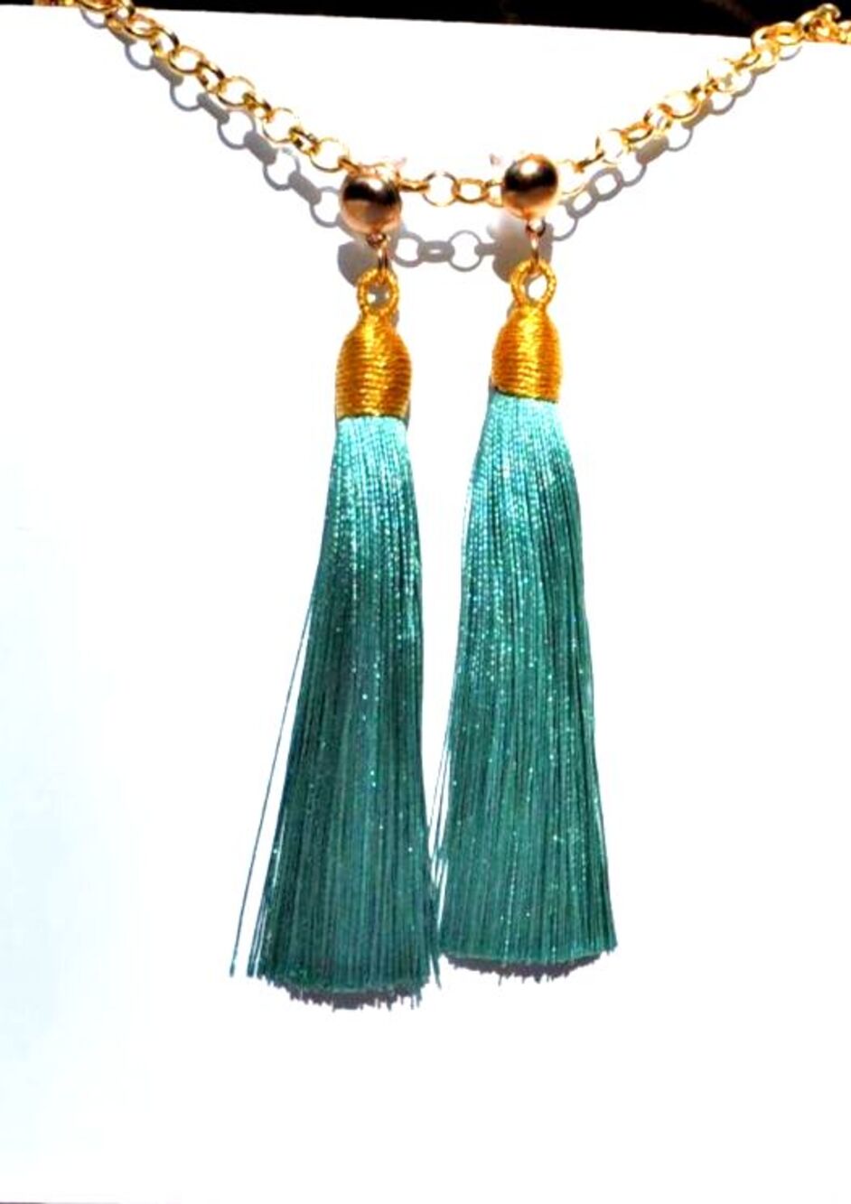 Gold tone post Boho / Gypsy earrings with teal tassel fringe - Picture 3 of 6